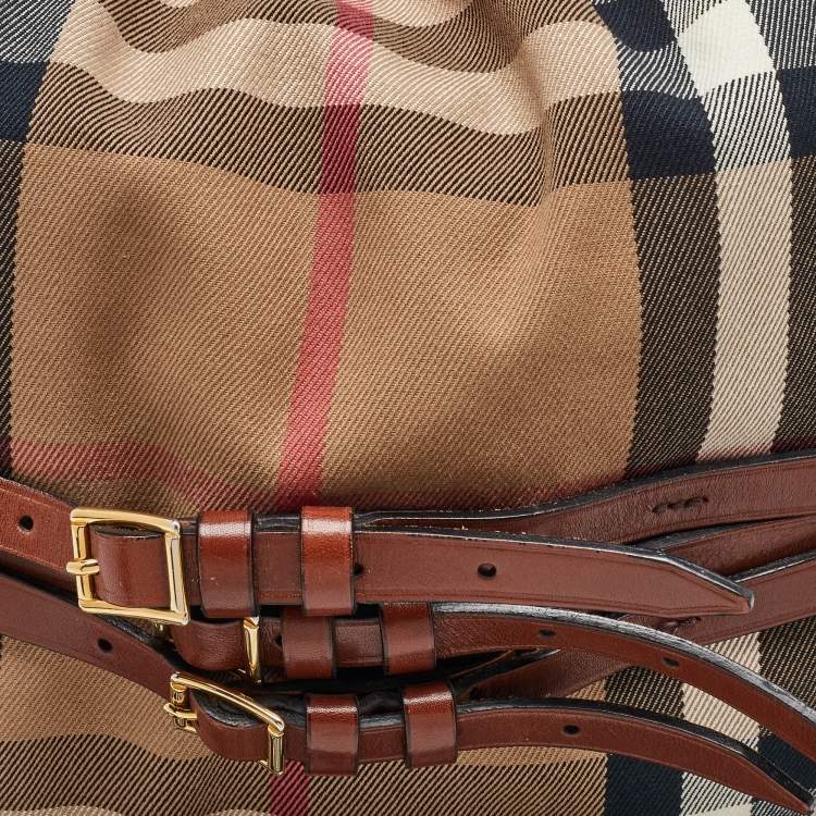 Pre Owned Burberry Brown/Beige Leather and House Check Canvas Medium Bridle Gosford Hobo