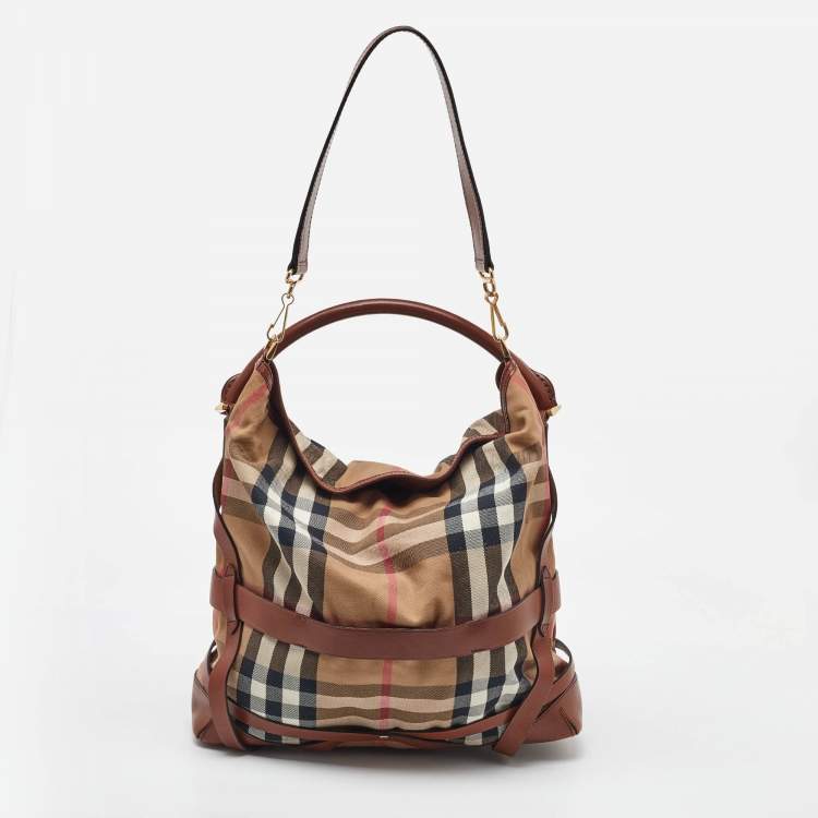 Pre Owned Burberry Brown/Beige Leather and House Check Canvas Medium Bridle Gosford Hobo