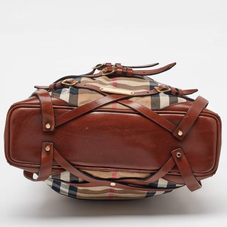 Pre Owned Burberry Brown/Beige Leather and House Check Canvas Medium Bridle Gosford Hobo