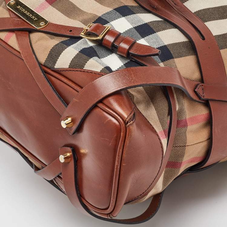 Pre Owned Burberry Brown/Beige Leather and House Check Canvas Medium Bridle Gosford Hobo