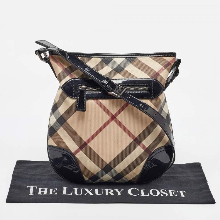 Pre Owned Burberry Beige/Black Supernova Check Coated Canvas and Patent Leather Dryden Shoulder Bag