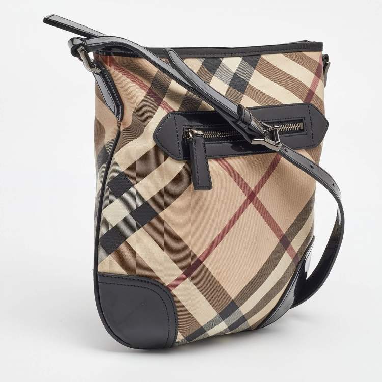 Pre Owned Burberry Beige/Black Supernova Check Coated Canvas and Patent Leather Dryden Shoulder Bag