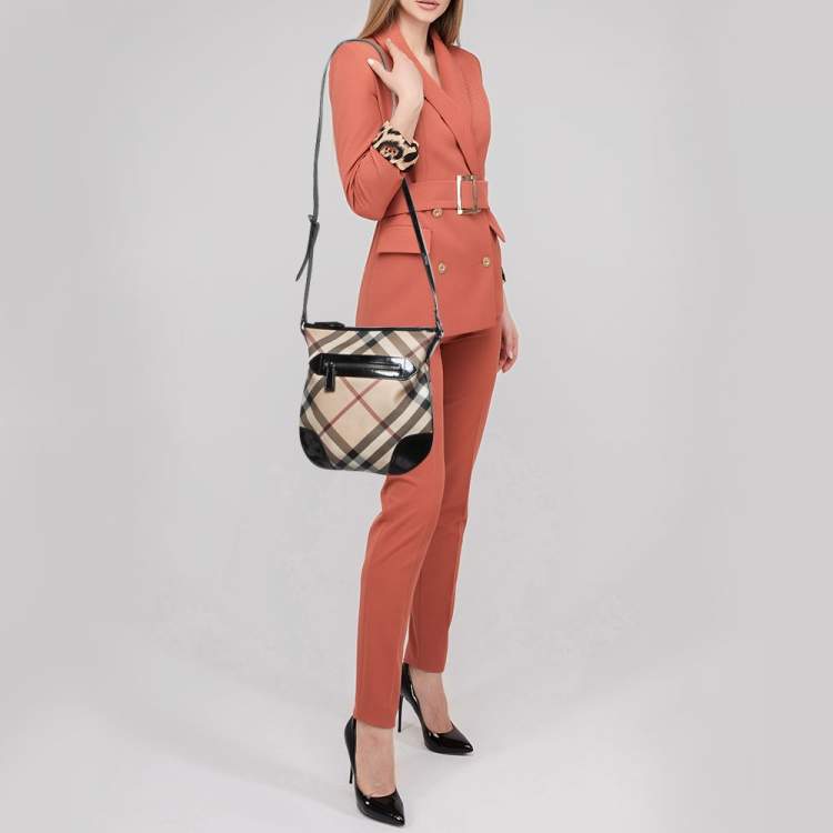 Pre Owned Burberry Beige/Black Supernova Check Coated Canvas and Patent Leather Dryden Shoulder Bag