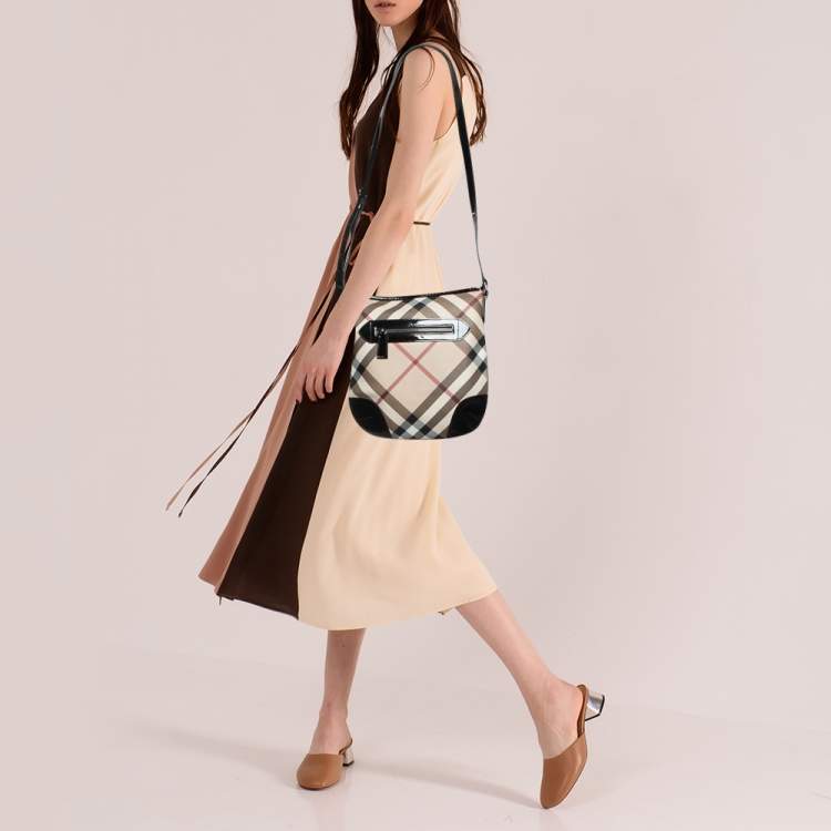 Pre Owned Burberry Beige/Black Supernova Check Coated Canvas and Patent Leather Dryden Crossbody Bag