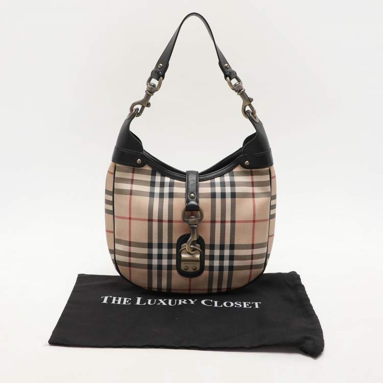 Pre Owned Burberry Beige/Black Leather and House Check PVC Hobo