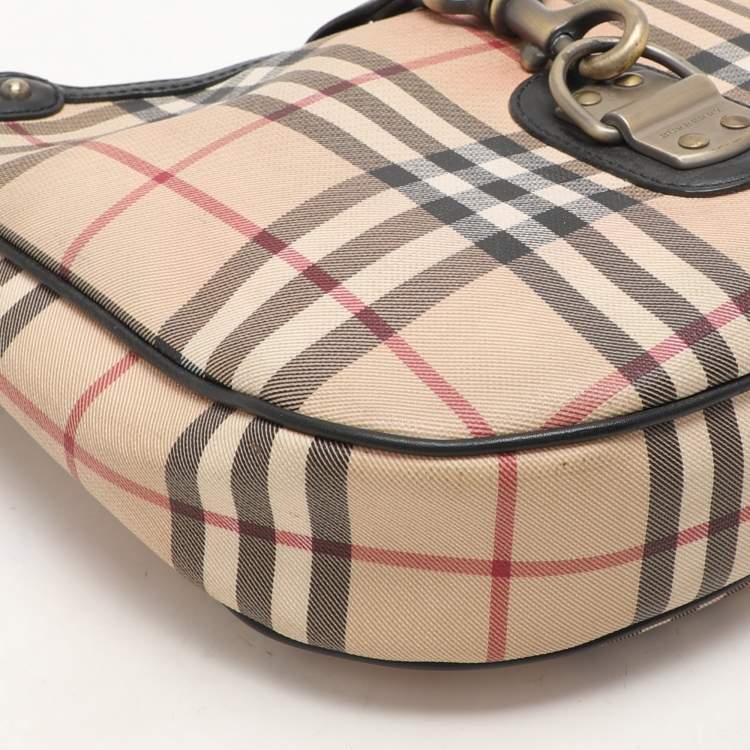 Pre Owned Burberry Beige/Black Leather and House Check PVC Hobo