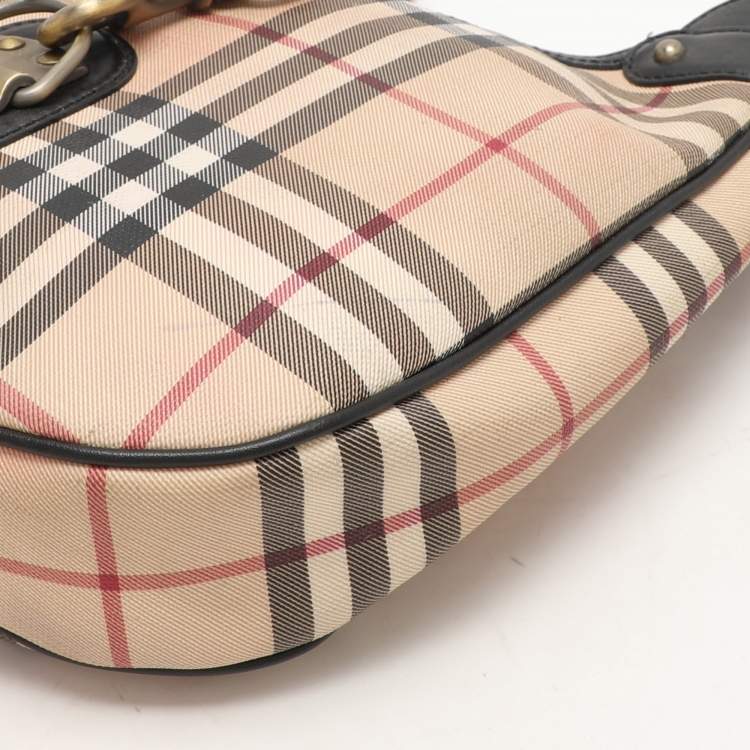 Pre Owned Burberry Beige/Black Leather and House Check PVC Hobo