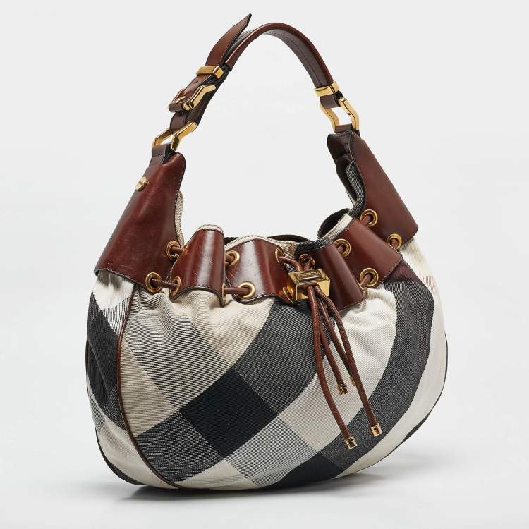 Pre Owned Burberry Brown Super Novacheck Fabric Warrior Drawstring Hobo