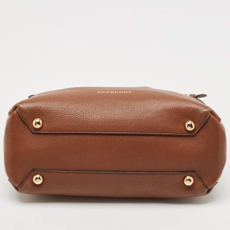 Pre Owned Burberry Brown/Beige House Check Fabric and Leather Small Banner Tote