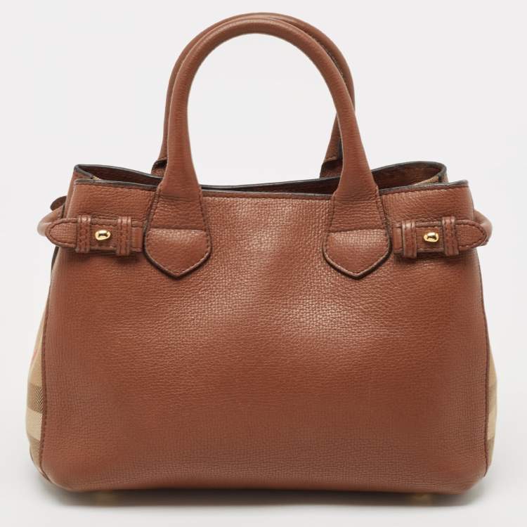Pre Owned Burberry Brown/Beige House Check Fabric and Leather Small Banner Tote
