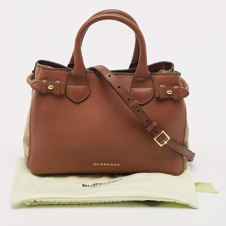 Pre Owned Burberry Brown/Beige House Check Fabric and Leather Small Banner Tote