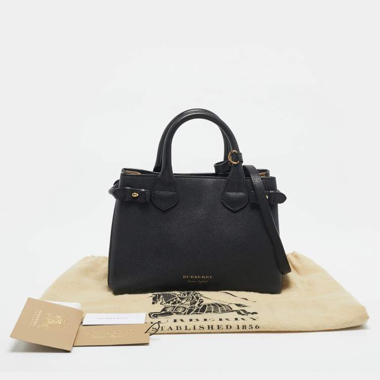 Pre Owned Burberry Black/Beige Leather and House Check Fabric Small Banner Tote