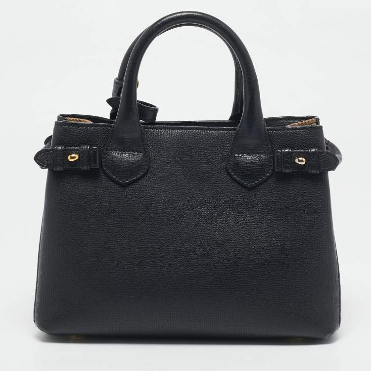 Pre Owned Burberry Black/Beige Leather and House Check Fabric Small Banner Tote