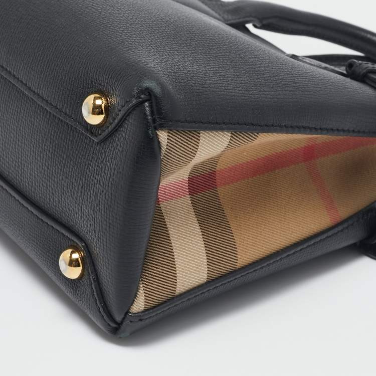 Pre Owned Burberry Black/Beige Leather and House Check Fabric Small Banner Tote