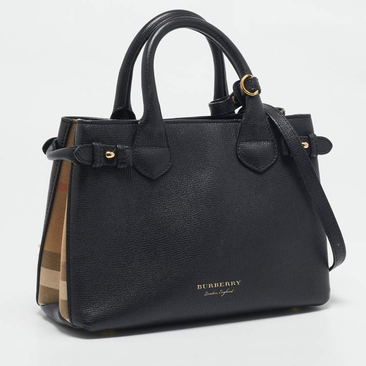 Pre Owned Burberry Black/Beige Leather and House Check Fabric Small Banner Tote