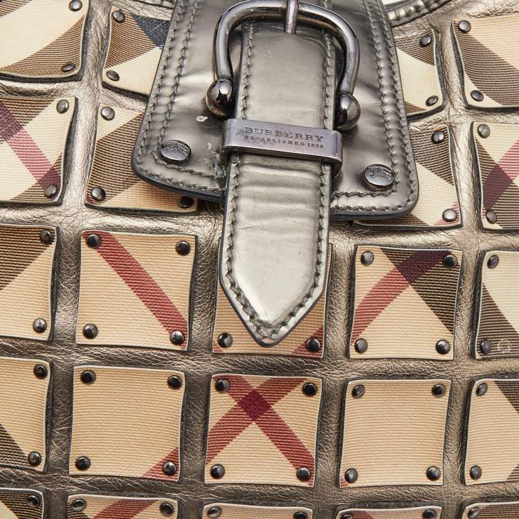 Pre Owned Burberry Metallic/Beige Nova Check Coated Canvas and Leather Brooke Warrior Hobo