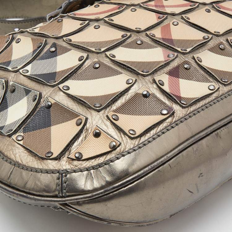 Pre Owned Burberry Metallic/Beige Nova Check Coated Canvas and Leather Brooke Warrior Hobo