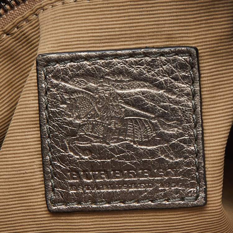 Pre Owned Burberry Metallic/Beige Nova Check Coated Canvas and Leather Brooke Warrior Hobo