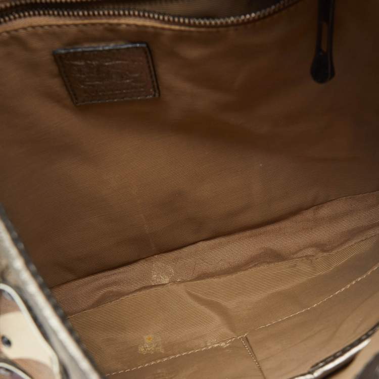 Pre Owned Burberry Metallic/Beige Nova Check Coated Canvas and Leather Brooke Warrior Hobo