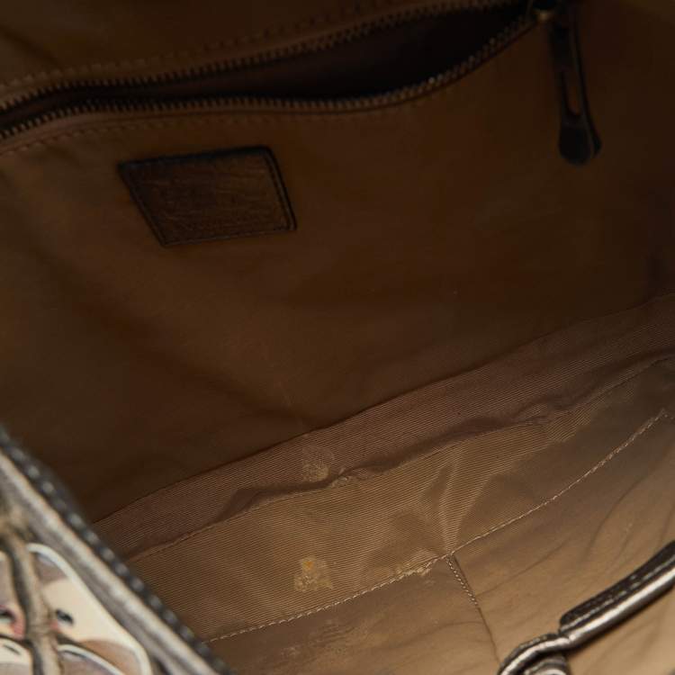Pre Owned Burberry Metallic/Beige Nova Check Coated Canvas and Leather Brooke Warrior Hobo