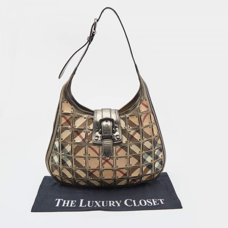 Pre Owned Burberry Metallic/Beige Nova Check Coated Canvas and Leather Brooke Warrior Hobo