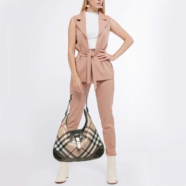 Pre Owned Burberry Metallic/Beige Nova Check PVC and Patent Leather Brooke Hobo