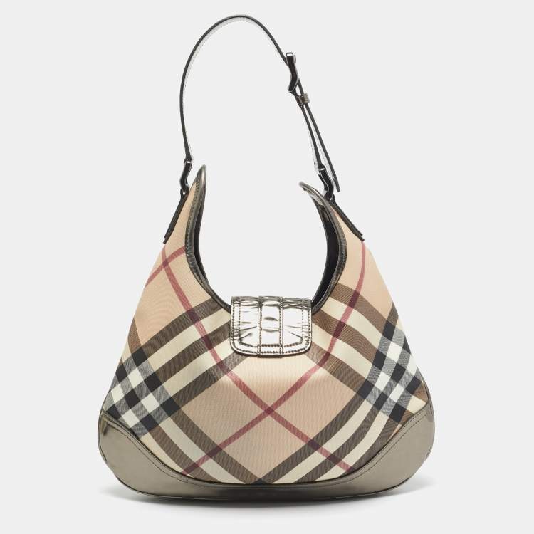 Pre Owned Burberry Metallic/Beige Nova Check PVC and Patent Leather Brooke Hobo