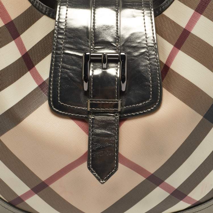 Pre Owned Burberry Metallic/Beige Nova Check PVC and Patent Leather Brooke Hobo