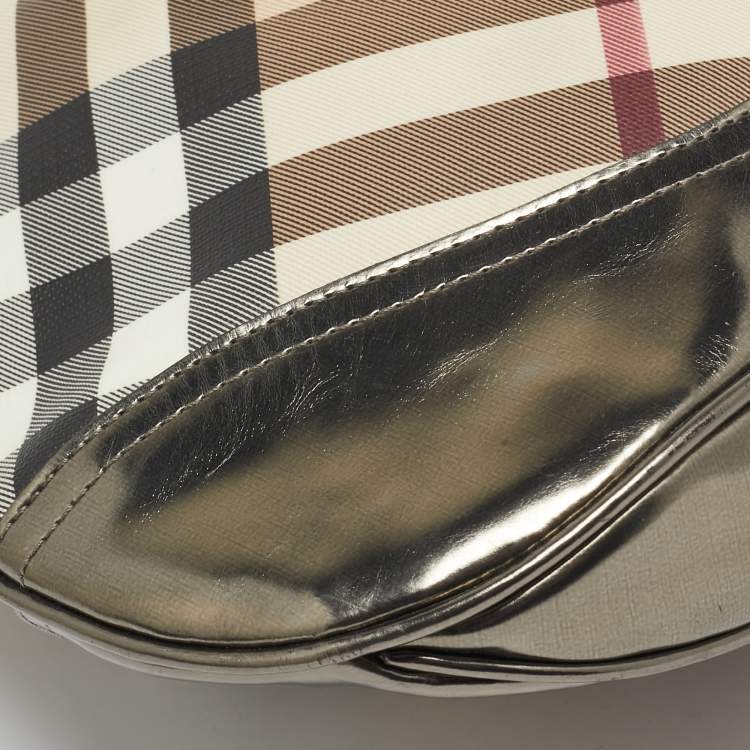 Pre Owned Burberry Metallic/Beige Nova Check PVC and Patent Leather Brooke Hobo