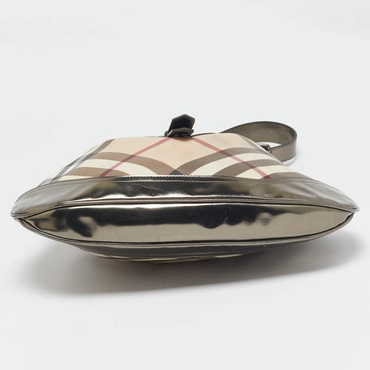 Pre Owned Burberry Metallic/Beige Nova Check PVC and Patent Leather Brooke Hobo