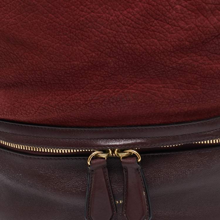 Pre Owned Burberry Burgundy/Beige House Check Canvas and Leather Beckett Bucket Bag