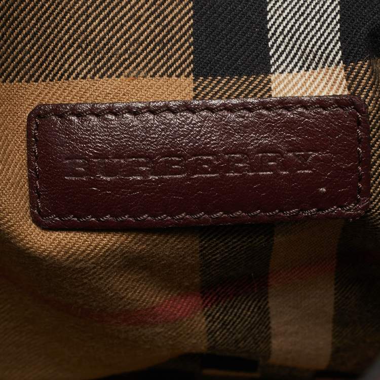 Pre Owned Burberry Burgundy/Beige House Check Canvas and Leather Beckett Bucket Bag