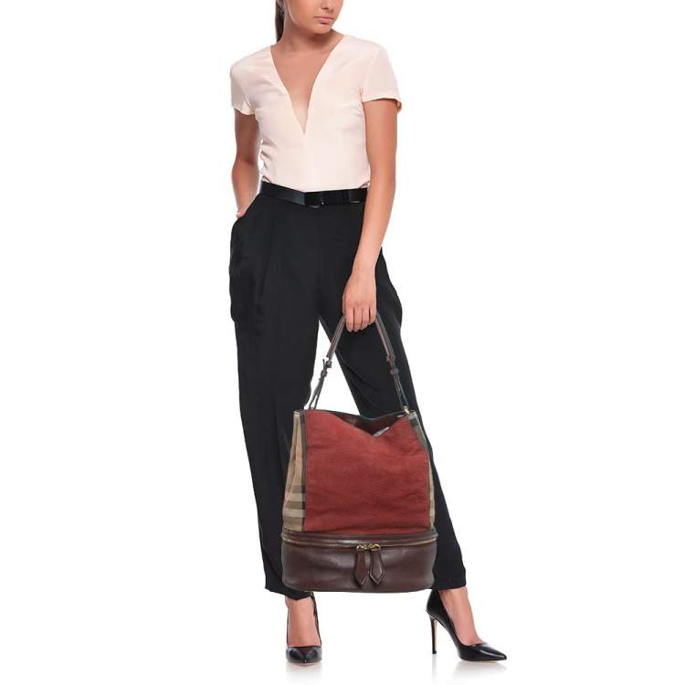 Pre Owned Burberry Burgundy/Beige House Check Canvas and Leather Beckett Bucket Bag