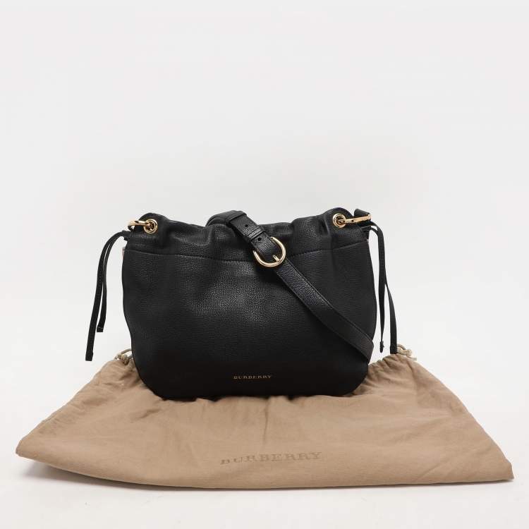 Pre Owned Burberry Black/Beige Leather and House Check Canvas Bingley Drawstring Bucket Bag