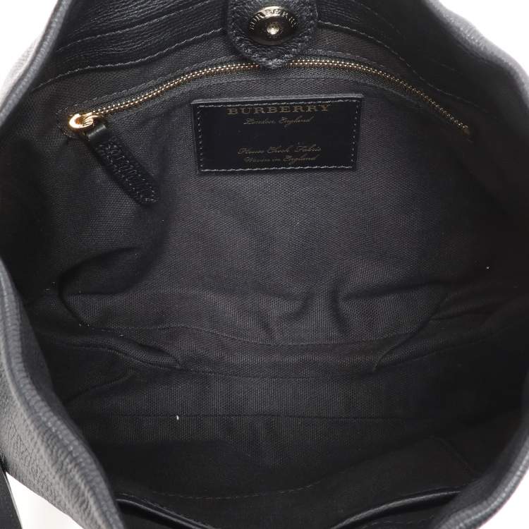 Pre Owned Burberry Black/Beige Leather and House Check Canvas Bingley Drawstring Bucket Bag