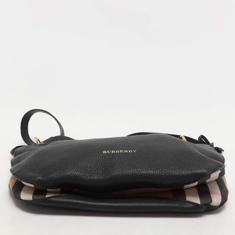 Pre Owned Burberry Black/Beige Leather and House Check Canvas Bingley Drawstring Bucket Bag