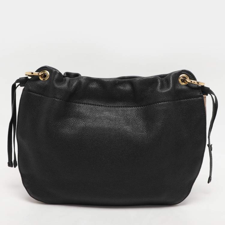 Pre Owned Burberry Black/Beige Leather and House Check Canvas Bingley Drawstring Bucket Bag