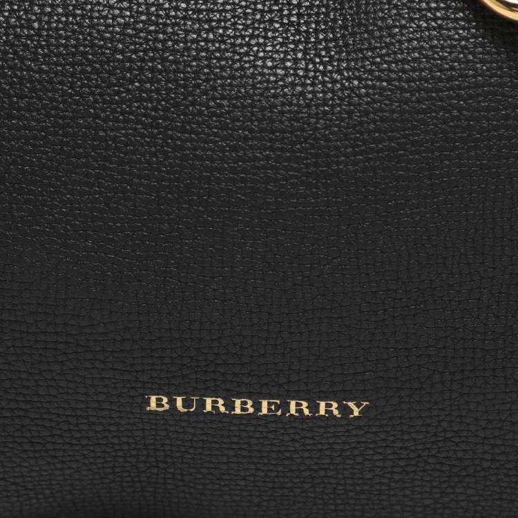 Pre Owned Burberry Black/Beige Leather and House Check Canvas Bingley Drawstring Bucket Bag