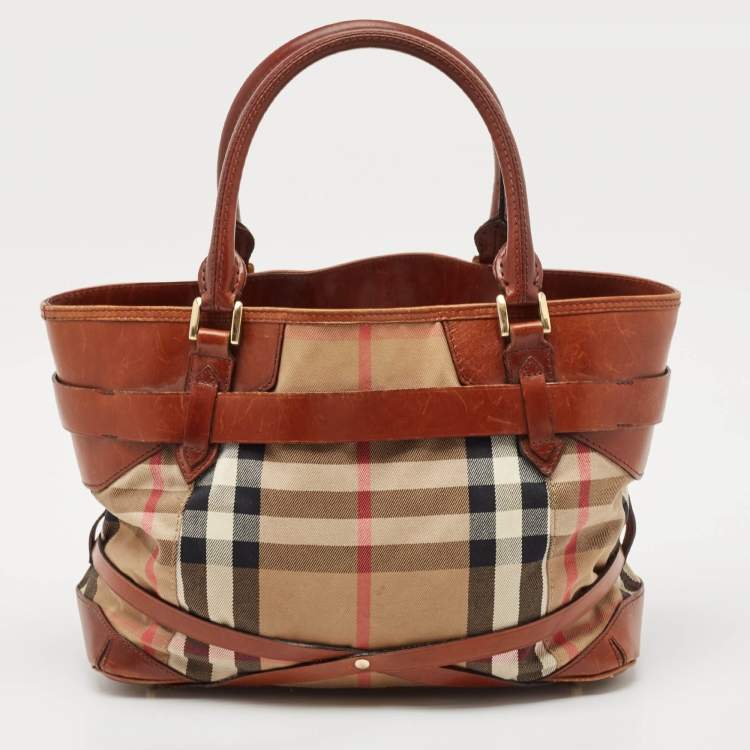 Pre Owned Burberry Brown/Beige House Check Canvas and Leather Medium Bridle Lynher Tote