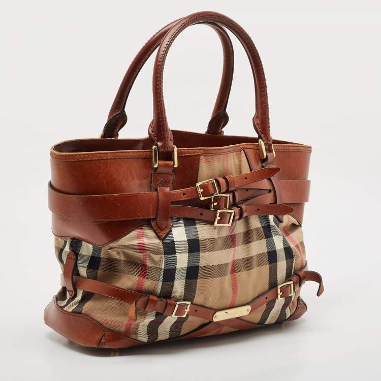 Pre Owned Burberry Brown/Beige House Check Canvas and Leather Medium Bridle Lynher Tote