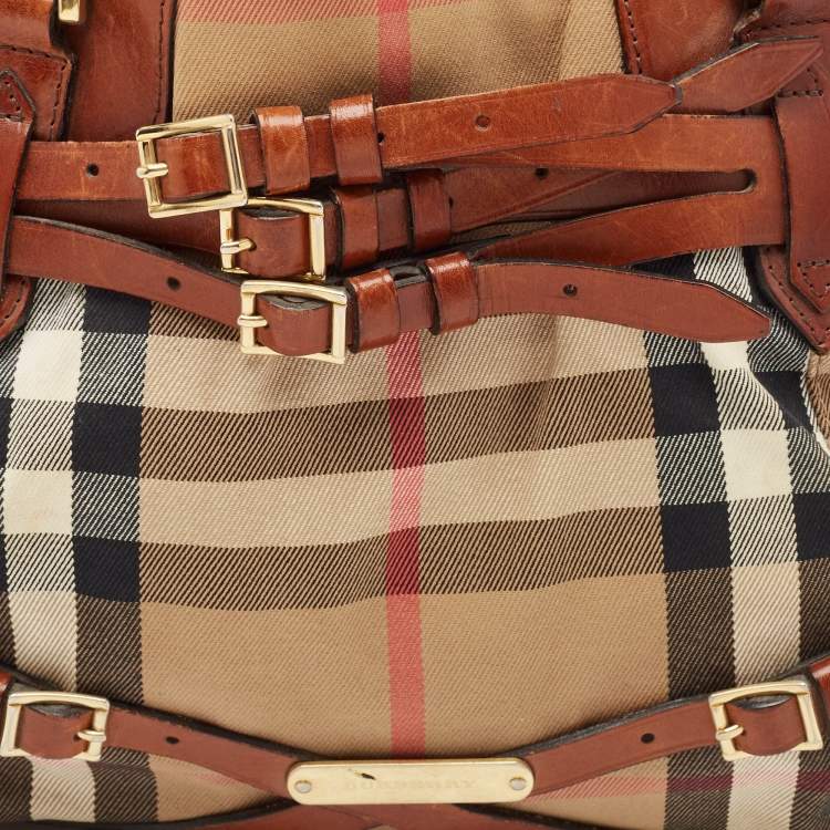 Pre Owned Burberry Brown/Beige House Check Canvas and Leather Medium Bridle Lynher Tote