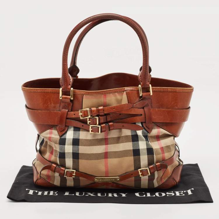 Pre Owned Burberry Brown/Beige House Check Canvas and Leather Medium Bridle Lynher Tote