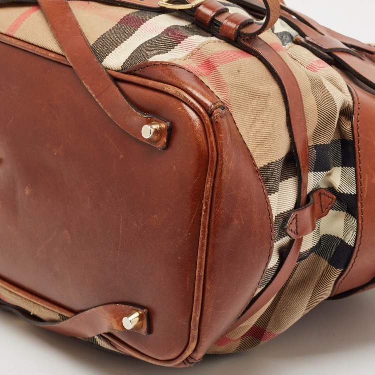 Pre Owned Burberry Brown/Beige House Check Canvas and Leather Medium Bridle Lynher Tote