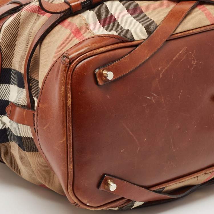 Pre Owned Burberry Brown/Beige House Check Canvas and Leather Medium Bridle Lynher Tote