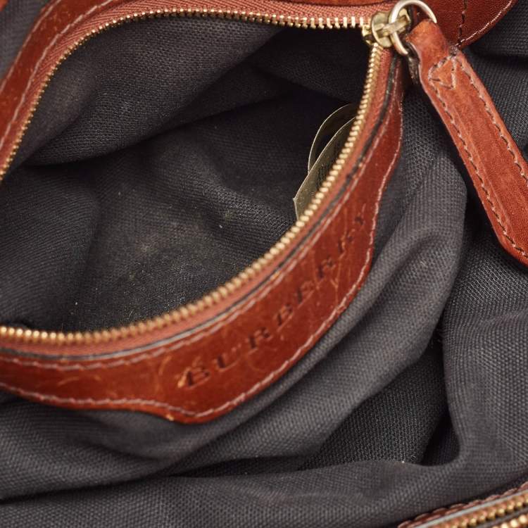 Pre Owned Burberry Brown/Beige House Check Canvas and Leather Medium Bridle Lynher Tote