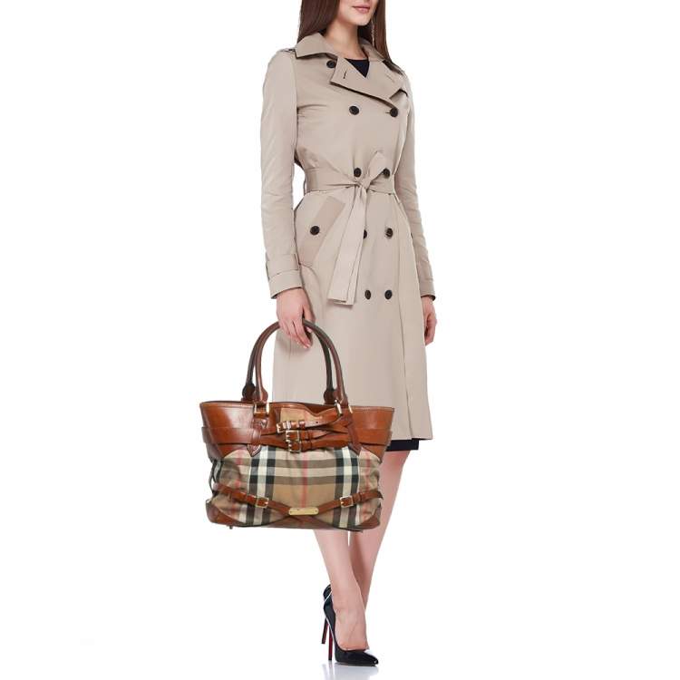 Pre Owned Burberry Brown/Beige House Check Canvas and Leather Medium Bridle Lynher Tote