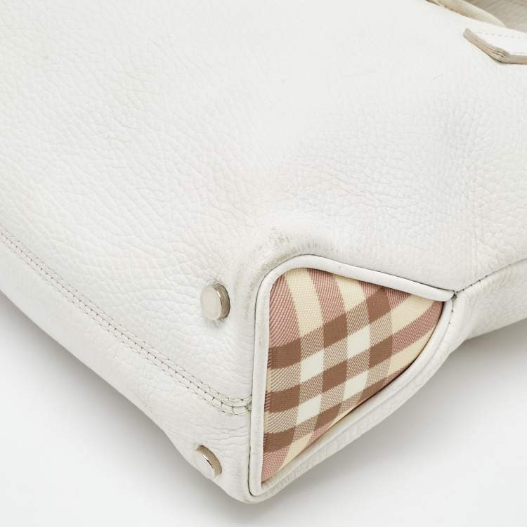 Pre Owned Burberry White/Beige Leather and Coated Canvas Satchel