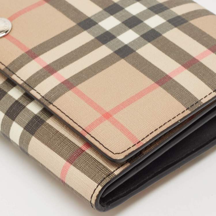 Pre Owned Burberry Malt Brown Vintage Check PVC Hannah Wallet On Strap