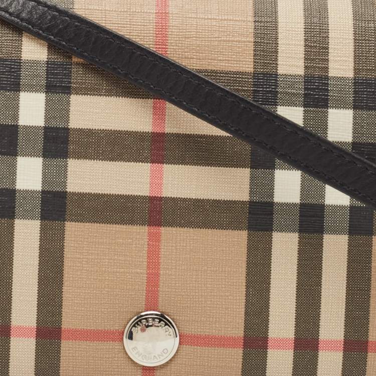 Pre Owned Burberry Malt Brown Vintage Check PVC Hannah Wallet On Strap