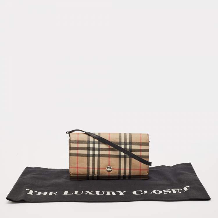Pre Owned Burberry Malt Brown Vintage Check PVC Hannah Wallet On Strap